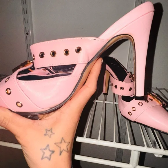 Pink High Heel Mules with Gold Buckles - Picture 6 of 6